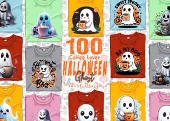 Watercolour Spooky Coffee Lover Ghost Halloween t-shirt design bundle of 100 design