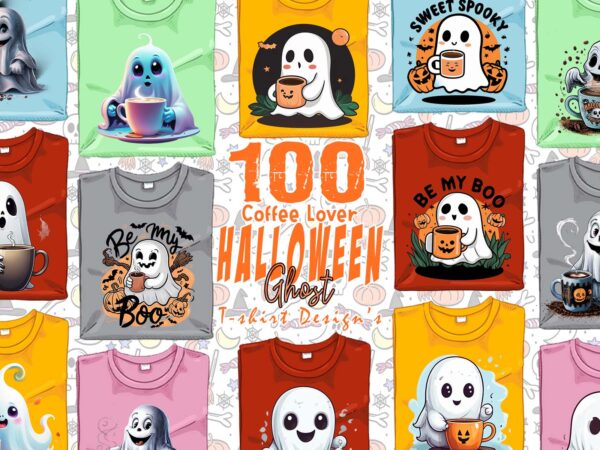 Watercolour spooky coffee lover ghost halloween t-shirt design bundle of 100 design