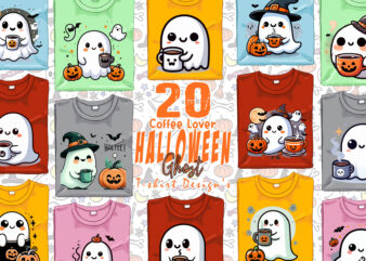 Colourful Halloween Coffee Party with Ghost t-shirt design bundle of 20 designs – crafted for Print on Demand websites