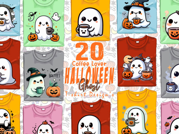 Colourful halloween coffee party with ghost t-shirt design bundle of 20 designs – crafted for print on demand websites