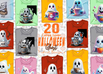 Watercolour Spooky Coffee Lover Ghost Halloween t-shirt design bundle of 20 designs – download instantly T-Shirt Bundle