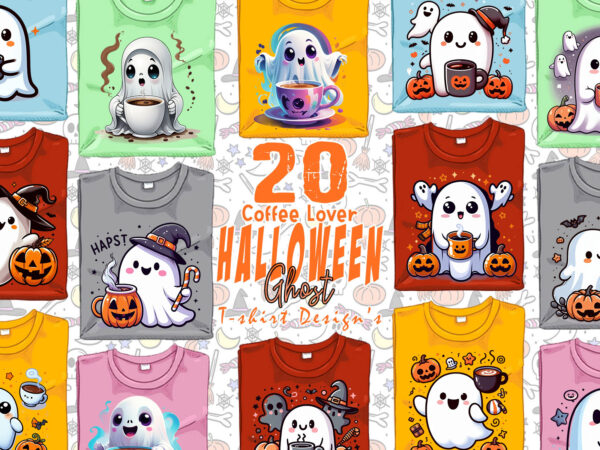 20 halloween party with coffee lover ghost t-shirt design bundle