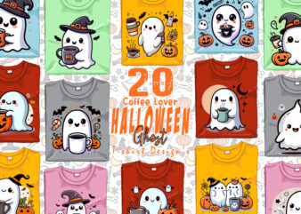 Colourful Halloween Coffee Party with Ghost t-shirt design bundle of 20 design