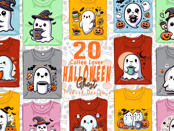 Colourful halloween coffee party with ghost t-shirt design bundle of 20 design