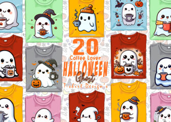 Retro Halloween Party with Coffee Lover Ghost t-shirt design bundle of 20 designs – download instantly