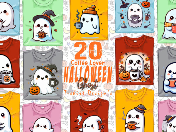 Retro halloween party with coffee lover ghost t-shirt design bundle of 20 designs – download instantly