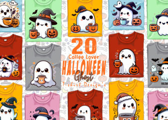 Retro Halloween Party with Coffee Lover Ghost t-shirt design bundle of 20 designs – download instantly Retro Vintage T-shirt Illustration