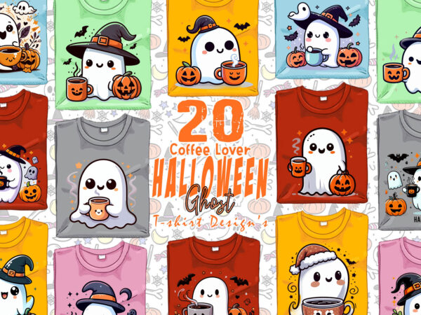 Retro halloween party with coffee lover ghost t-shirt design bundle of 20 designs – download instantly retro vintage t-shirt illustration