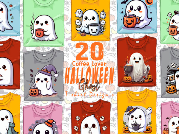 Magical halloween spooky ghost with coffee cup of halloween t-shirt design bundle of 20 designs