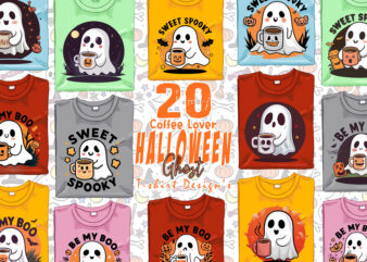 Magical Coffee Party of Halloween Cute Ghost t-shirt design bundle of 20 designs – download instantly Retro Vintage Tee