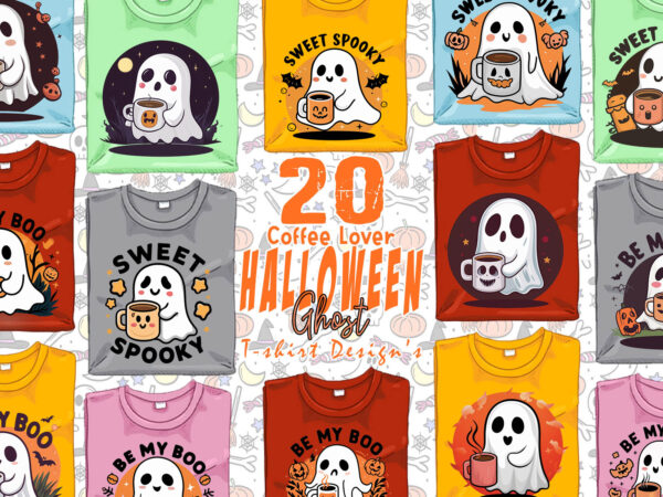 Magical coffee party of halloween cute ghost t-shirt design bundle of 20 designs – download instantly retro vintage tee