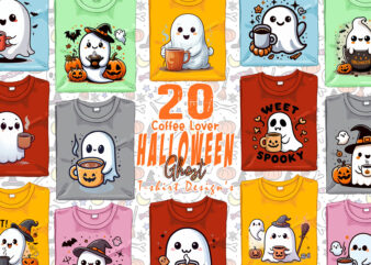 Watercolour Spooky Coffee Lover Ghost Halloween t-shirt design bundle of 20 design