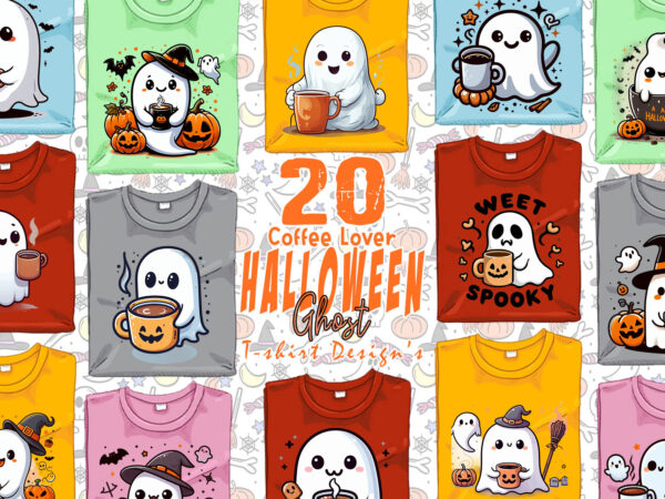 Watercolour spooky coffee lover ghost halloween t-shirt design bundle of 20 design