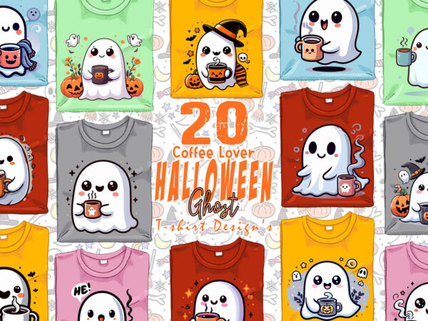 20 magical halloween spooky ghost with coffee cup of halloween t-shirt design bundle