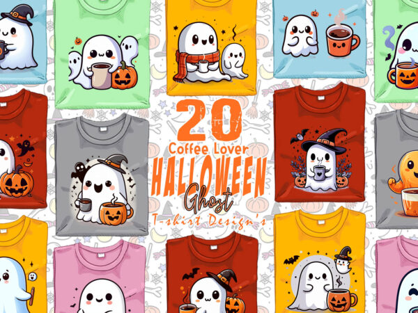 Retro halloween party with coffee lover ghost t-shirt design bundle of 20 designs – download instantly retro vintage t-shirt illustration