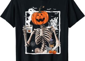 Coffee Drinking Skeleton Pumpkin Halloween Costume Women Men T-Shirt