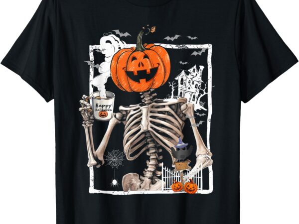 Coffee drinking skeleton pumpkin halloween costume women men t-shirt