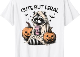 Cute But Feral Halloween Raccoon Loves Coffee for Women T-Shirt