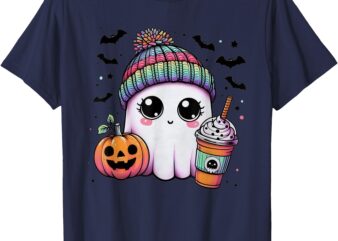 Cute Ghost Drinking Coffee Halloween Ghost Ice Coffee Womens T-Shirt