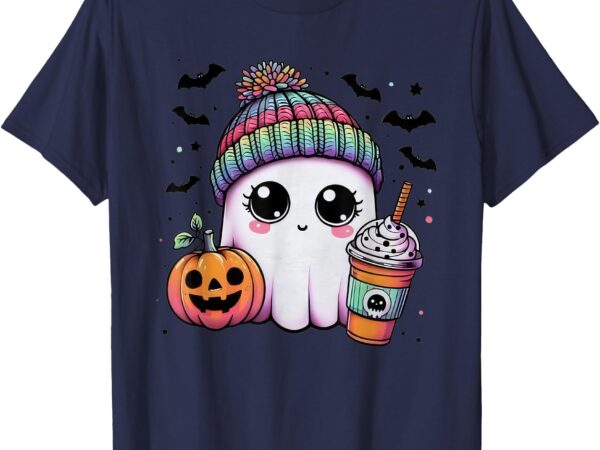 Cute ghost drinking coffee halloween ghost ice coffee womens t-shirt