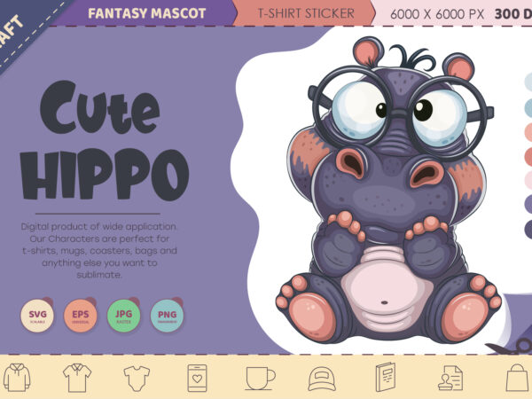 Cute cartoon hippo. t-shirt, png, svg.