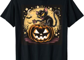 (Feline & Frightful) Black Cat & Pumpkin Halloween T-Shirt