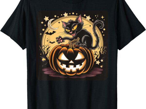 (feline & frightful) black cat & pumpkin halloween t-shirt