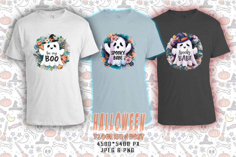 Flourish Halloween Spooky Ghost with Coffee Cup of Halloween t-shirt design bundle of 20 designs