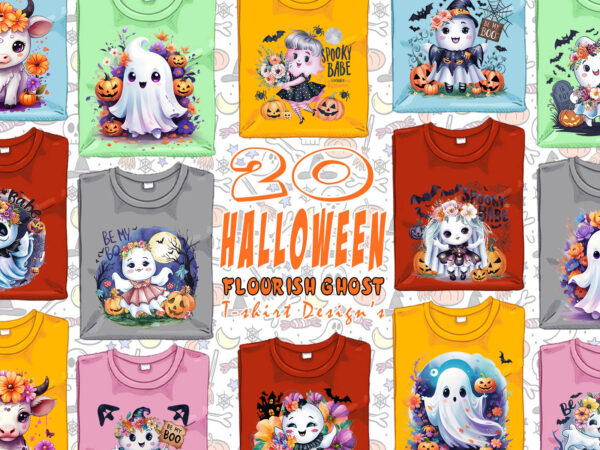 Colourful halloween flourish party with ghost t-shirt design bundle of 20 design