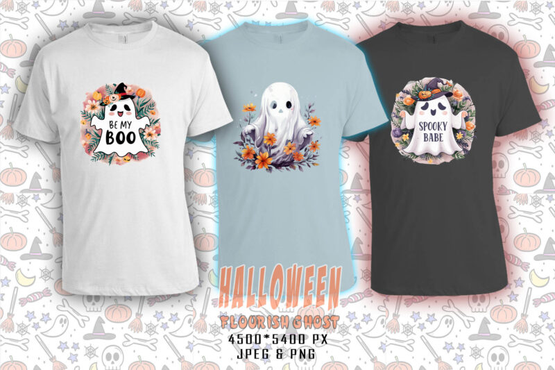 Flourish Halloween Spooky Ghost with Coffee Cup of Halloween t-shirt design bundle of 20 designs