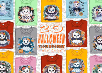 Retro Halloween Party with Flourish Ghost t-shirt design bundle of 20 designs