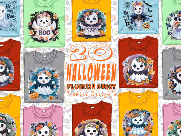 Retro halloween party with flourish ghost t-shirt design bundle of 20 designs