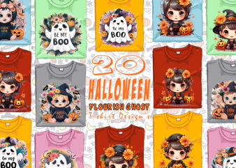 Flowers Lover Ghost Halloween t-shirt design bundle of 20 png & jpeg designs – download instantly Retro Vintage T-shirt for POD