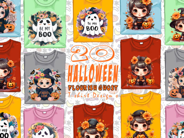 Flowers lover ghost halloween t-shirt design bundle of 20 png & jpeg designs – download instantly retro vintage t-shirt for pod