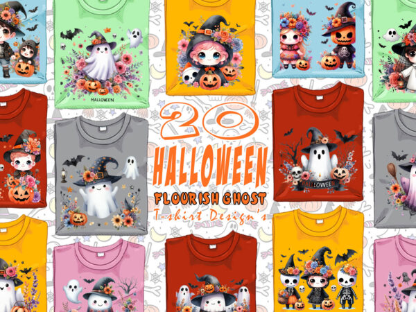 Colourful halloween flourish party with ghost t-shirt design bundle of 20 design