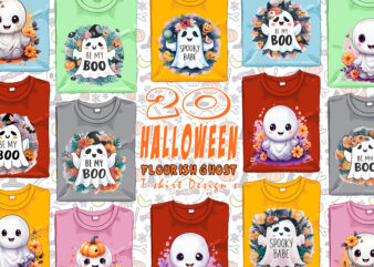 Flourish Halloween Spooky Ghost with Coffee Cup of Halloween t-shirt design bundle of 20 designs