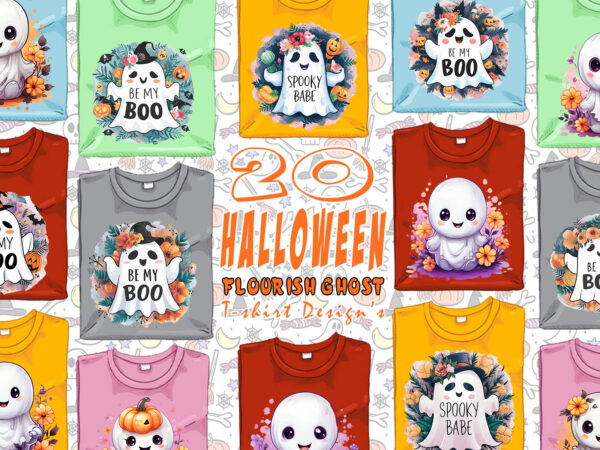 Flourish halloween spooky ghost with coffee cup of halloween t-shirt design bundle of 20 designs