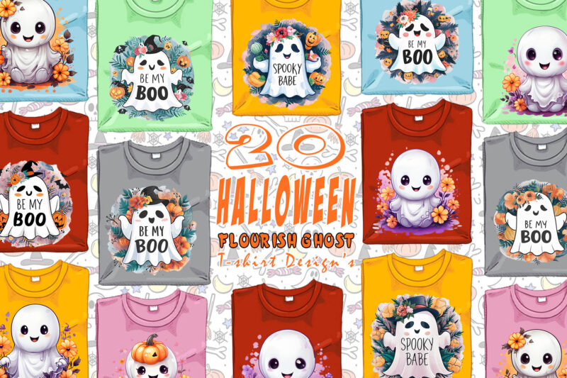 Flourish Halloween Spooky Ghost with Coffee Cup of Halloween t-shirt design bundle of 20 designs