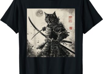 Funny Cat Japanese Samurai Ukiyo-E Art T-Shirt