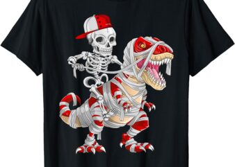 Funny Skeleton Cap Riding Mummy Dinosaur Halloween T-Shirt