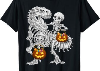 Funny Skeleton Riding Dinosaur Halloween Pumpkin T-Shirt