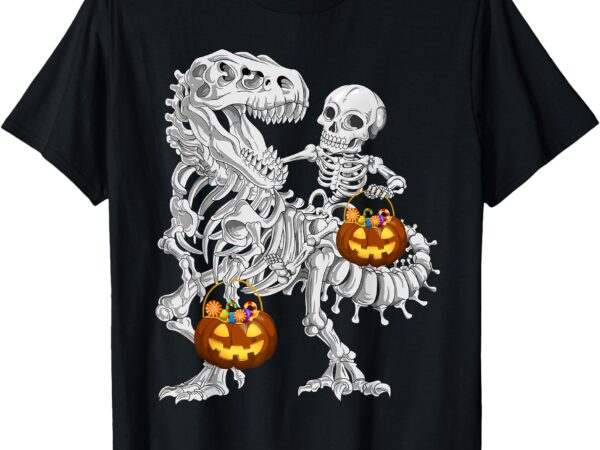 Funny skeleton riding dinosaur halloween pumpkin t-shirt