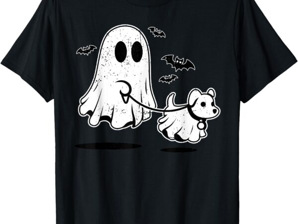 Ghost walking dog dressed as ghost funny halloween t-shirt