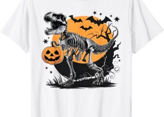 Halloween Boys Dinosaur Skeleton T-rex Scary Pumpkin Moon T-Shirt