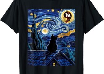 Halloween Starry Night Black Cat Comma La Kamala Harris T-Shirt