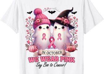 In October We Wear Pink Witch Ghost Pumpkin Breast Cancer T-Shirt