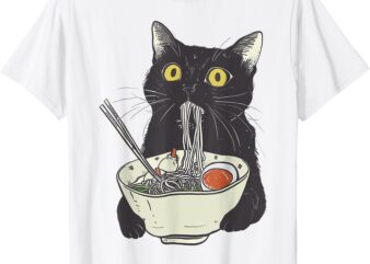 Japanese Cat Funny Cat Eating Ramen Vintage Japanese Noodles T-Shirt