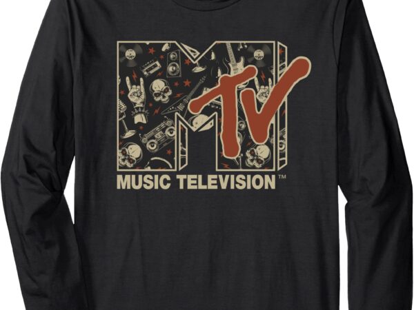 Mademark x mtv – mtv rock n roll music hard heavy metal skull guitar vintage long sleeve t-shirt