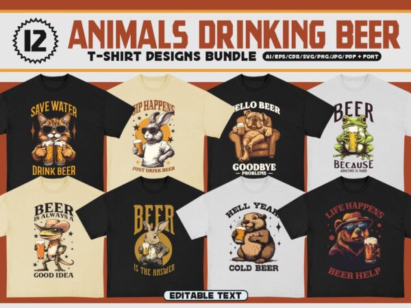 Animals drinking beer t-shirt designs bundle