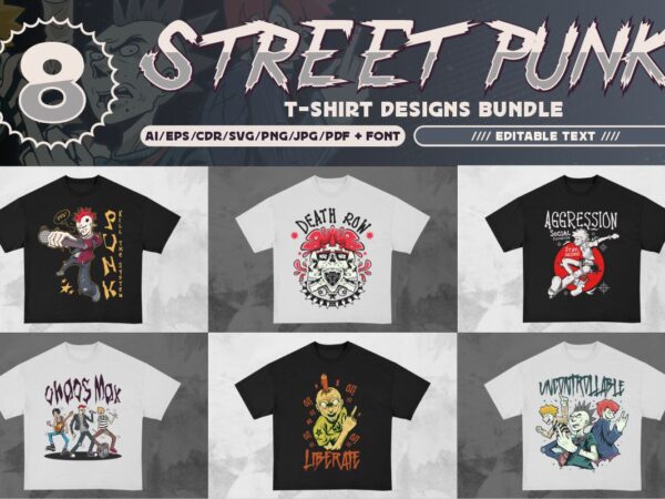 Street punk t-shirt designs bundle vector, editable graphic tshirt